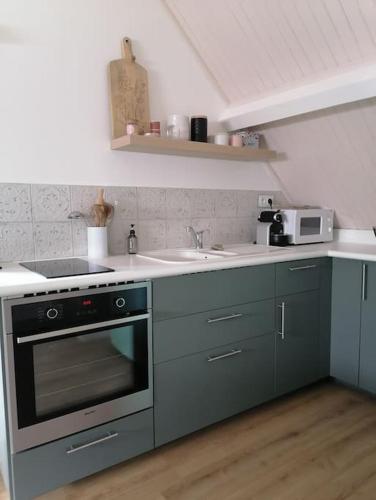 une cuisine avec une cuisinière et un évier dans l'établissement Gîte Hautes Côtes de Nuits, à Curtil-Vergy