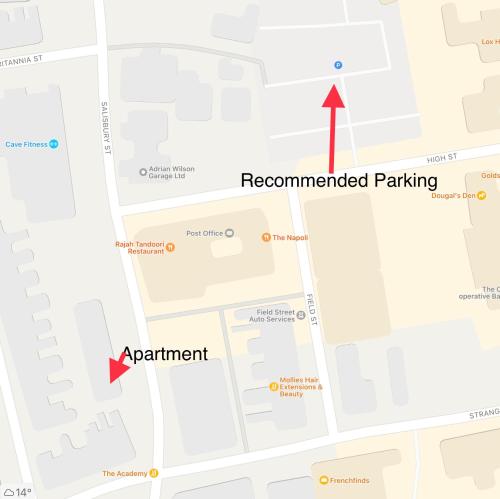 a map with a red arrow pointing to recommended parking at 2 Bedroom Central Apartment in Leek