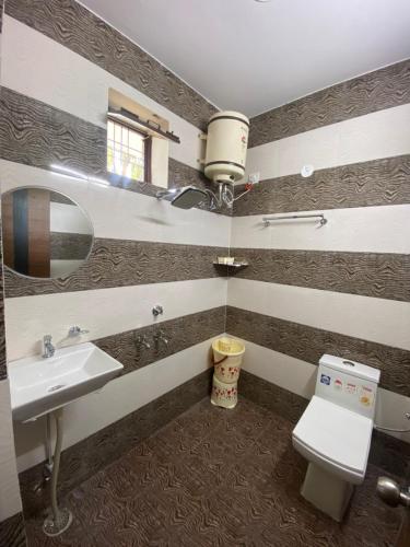 W łazience znajduje się umywalka, toaleta i lustro. w obiekcie Skylight homestay w mieście Dehradun