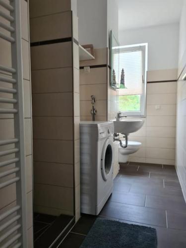 a bathroom with a washing machine and a sink at Gästewohnung KL. WZL 38_3 in Klein Wanzleben