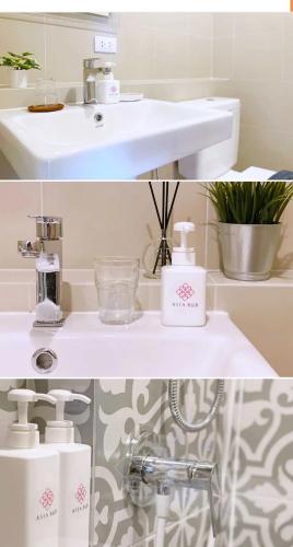 two pictures of a bathroom with a sink at LAHABANA Resort in Hua Hin