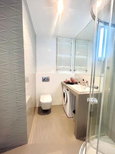 a bathroom with a toilet and a sink and a shower at DowntownApartments Carrie in Rzeszów