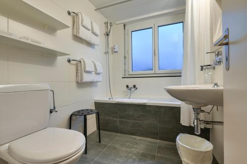 La salle de bains est pourvue de toilettes, d'un lavabo et d'une fenêtre. dans l'établissement Hotel Luna Garni, à Ascona