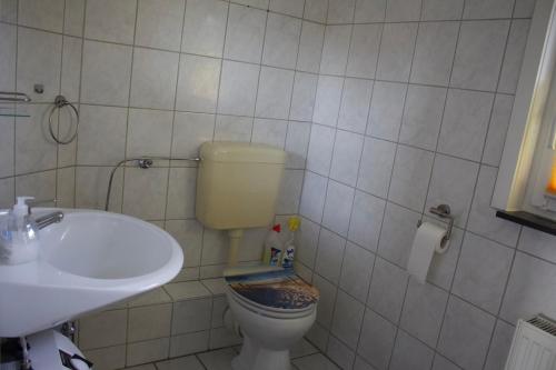 La salle de bains est pourvue de toilettes et d'un lavabo. dans l'établissement Doppelhaushälfte für Monteure und Gruppen Hof Theensen, à Bad Münder am Deister