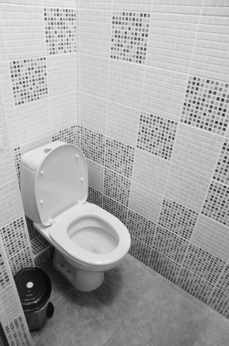 a bathroom with a toilet and white tile walls at Hello Sofia Guesthouse in Sofia
