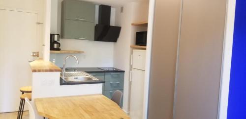 une petite cuisine avec un évier et un réfrigérateur dans l'établissement Appartement refait à neuf centre ville, à Toulouse