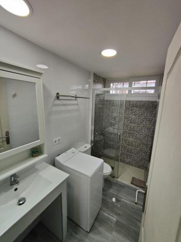 a bathroom with a toilet and a sink and a shower at Los Nidos in San Bartolomé