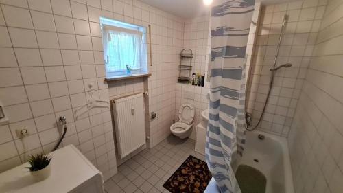 ein Bad mit einem WC, einem Waschbecken und einer Dusche in der Unterkunft Akropolitan Schönes Zimmer in einer Wohnung mit eigenem großen Garten in München