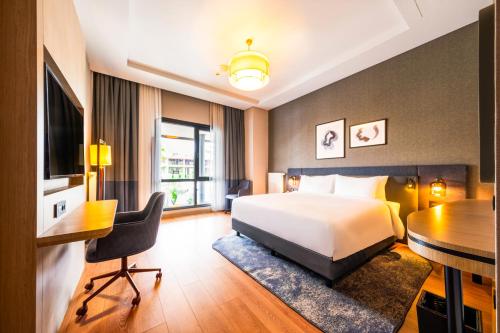Pokój hotelowy z łóżkiem i biurkiem w obiekcie Avrupa Residence Suites w Stambule