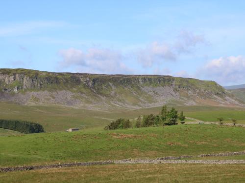 a green field with a mountain in the background at Chapel Cottage in Barnard Castle