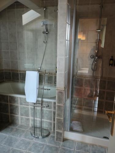 a bathroom with a shower and a bath tub at Maison Barón de la Galleta B&B in Quintanilla las Torres