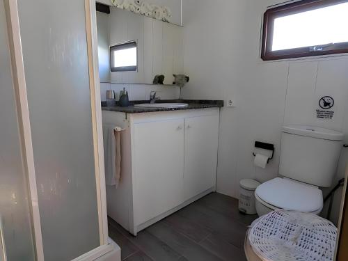 een kleine badkamer met een toilet en een wastafel bij Bungalow para familias y parejas in Conil de la Frontera
