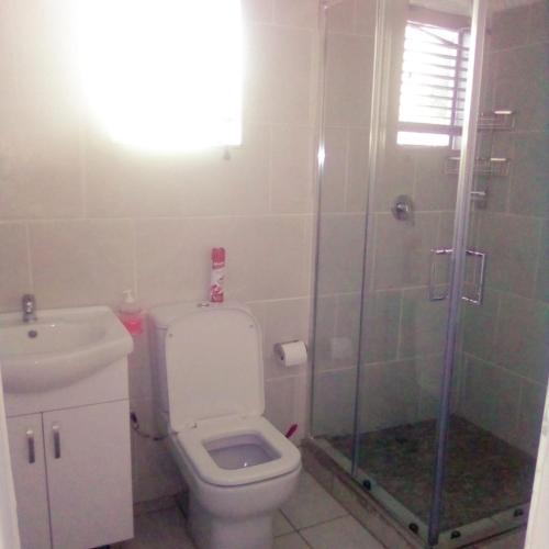 een badkamer met een toilet, een douche en een wastafel bij Suprime Hotels and Conference in Pietermaritzburg