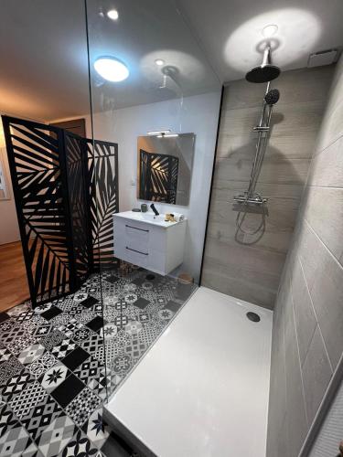 une salle de bain avec une douche avec un lavabo et un miroir dans l'établissement Junon - Appart tout équipé, rénové, à Vichy