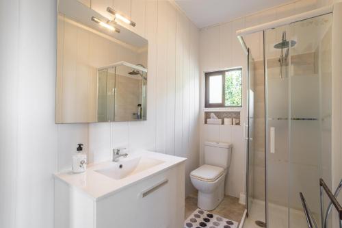 uma casa de banho com um WC, um lavatório e um chuveiro em Villa Sol de la Molina em Salobreña
