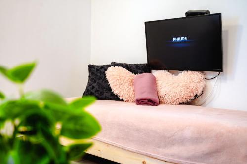 a laptop computer sitting on top of a couch at Apartmaji Pr' Kopavank in Rateče