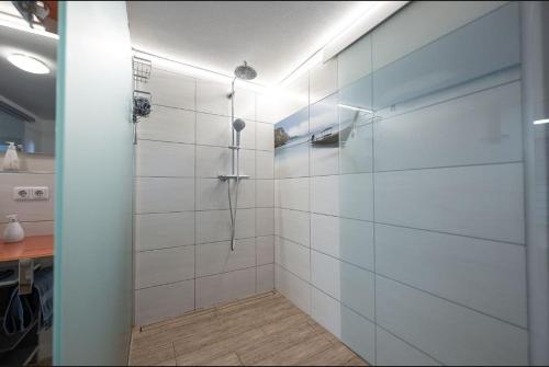 uma casa de banho com um chuveiro com paredes em azulejos brancos em Wohnwerk: Das Moselhaus, direkt Grenze Luxemburg em Oberbillig