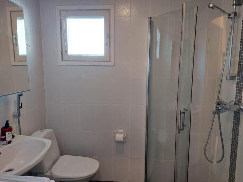 ein Bad mit einer Dusche, einem WC und einem Waschbecken in der Unterkunft Merimaisema 6 in Kalajoki