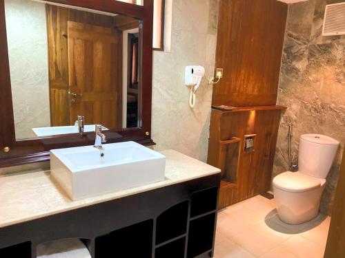 a bathroom with a sink and a toilet and a mirror at Avasta Resort and Spa in Anuradhapura