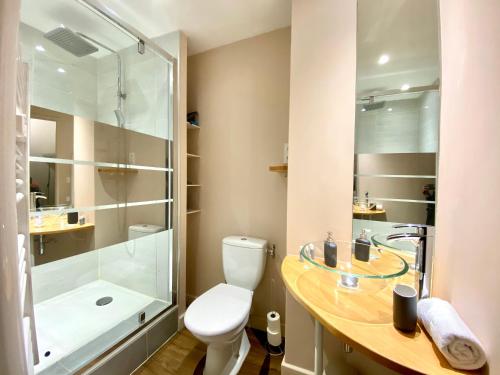 a bathroom with a toilet and a sink and a shower at Les Capitole I - Studio avec climatisation in Toulouse