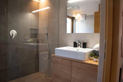 uma casa de banho com um lavatório e um chuveiro em Appartement Sonnlicht em Falzes
