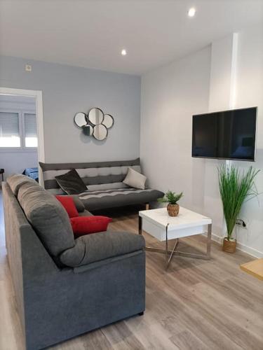 a living room with a couch and a tv at Pensión Os Mollados in O Pedrouzo