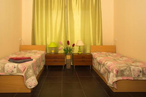 a bedroom with two beds and a window with flowers at VILLA ROZA Guest House in Rēzekne