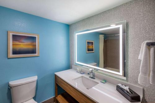 a bathroom with a toilet and a sink with a mirror at La Quinta by Wyndham New Braunfels in New Braunfels
