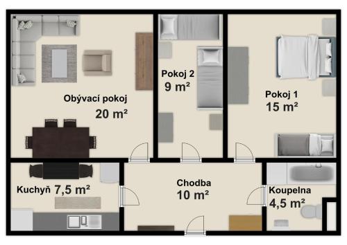 a floor plan of a house with the elevation and dimensions at Chata Markétka in Dobré
