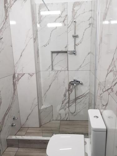 W łazience znajduje się prysznic, toaleta i umywalka. w obiekcie Korali House w mieście Paralia Vrachou