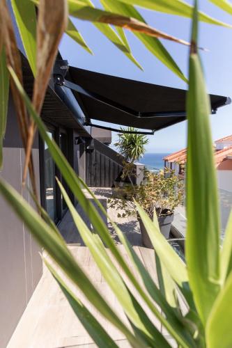 a house with a black awning and some plants at Apartamentos Plaza Center in Suances