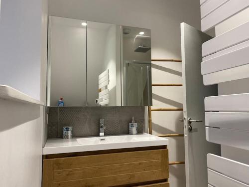 une salle de bain avec un lavabo et un miroir dans l'établissement Maison Saint-Malo à 1 minute à pied de la plage, à Saint-Malo