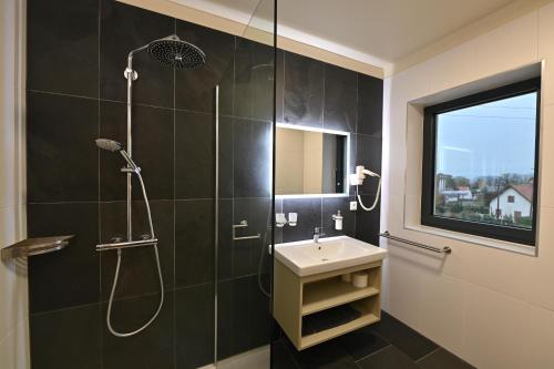 a bathroom with a shower and a sink and a mirror at Domaine Edegger - Organic Winery Badacsony in Badacsonytomaj