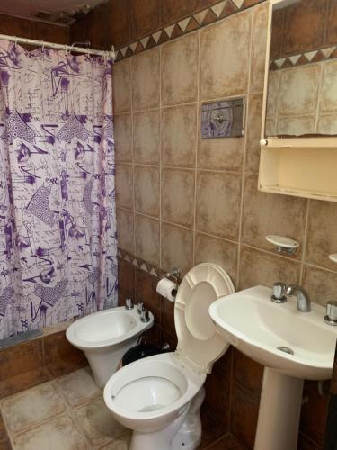 Derby Home Hotel في بوينس آيرس: حمام مع مرحاض ومغسلة