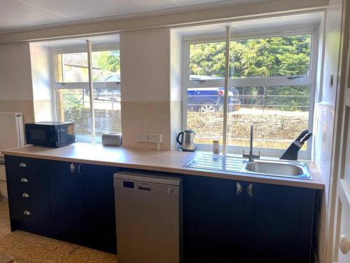 a kitchen with a counter and a sink and two windows at Thornhaugh Old Rectory in Peterborough