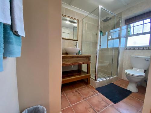 a bathroom with a toilet and a glass shower at Aestas Bed and Breakfast in Knysna