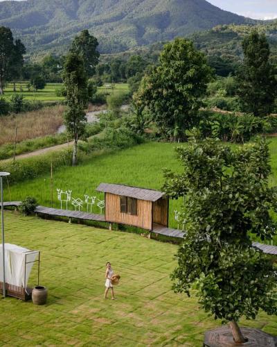 a woman playing with a frisbee in a field at Pupah Kanna Pua-ปู๋ ป๋าล์ คันนา ปัว in Pua