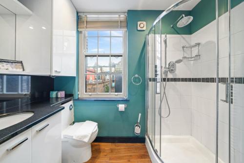 a bathroom with a shower and a toilet and a sink at Fantastic One Bedroom Apartment in Soho in London