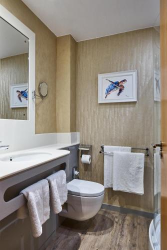 a bathroom with a toilet and a sink and a mirror at Fairlawns, Hotel And Spa in Walsall