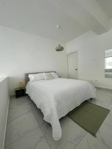 een witte slaapkamer met een groot wit bed. bij Agreable Duplex tout confort. in Santo Domingo