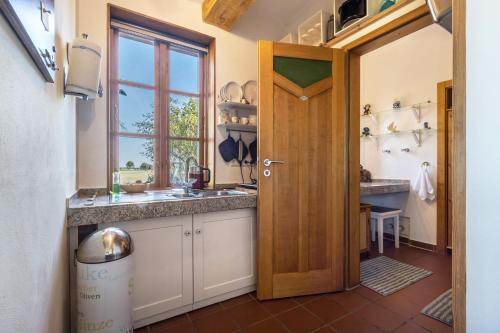 eine Küche mit einem Waschbecken und einem Fenster in der Unterkunft Apartment Lüneburger Heide in Hankensbüttel