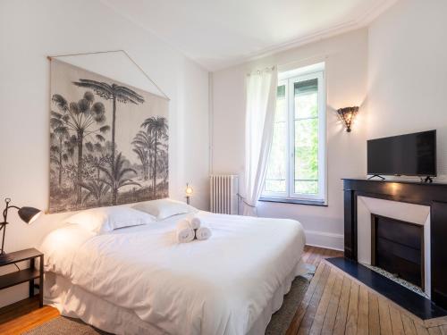 - une chambre avec un lit, une cheminée et une télévision dans l'établissement Le chic de Patton avec jardin privatif !, à Nancy