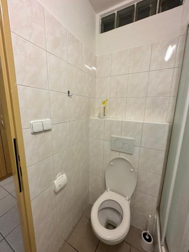 a small bathroom with a toilet in a stall at Bydlení v Brumově s.r.o. in Brumow