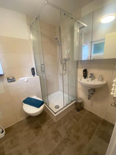 La salle de bains est pourvue d'une douche, de toilettes et d'un lavabo. dans l'établissement Hostel, Gästehaus zum Molenfeuer, à Warnemünde