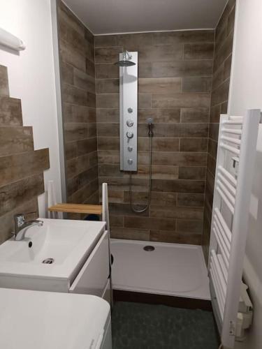 La salle de bains est pourvue d'une douche et d'un lavabo blanc. dans l'établissement Charmante maison tout confort, à Noyelles-sous-Lens