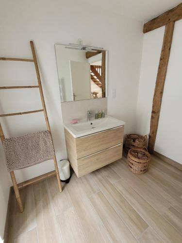 La salle de bains est pourvue d'un lavabo et d'un miroir. dans l'établissement Les terrasses de Dordogne, à Argentat