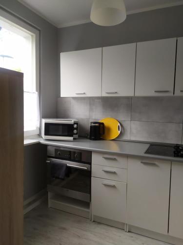 a kitchen with white cabinets and a microwave at Good Morning Podzamcze in Wałbrzych