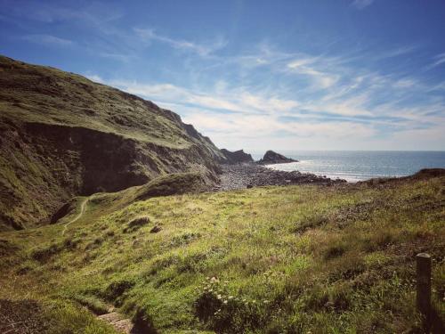a grassy hill with the ocean in the background at The Barley Mill in Bude