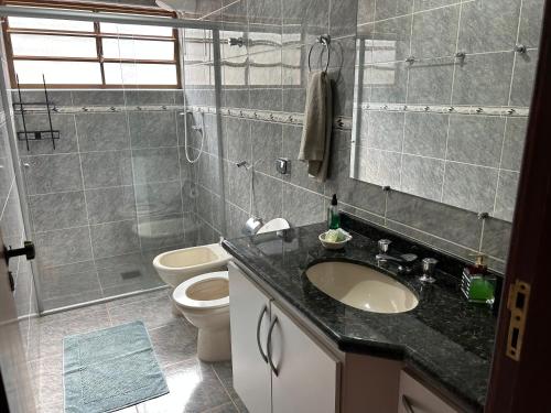 a bathroom with a sink and a toilet and a shower at Lindo apartamento no centro de Águas de Lindóia in Águas de Lindóia
