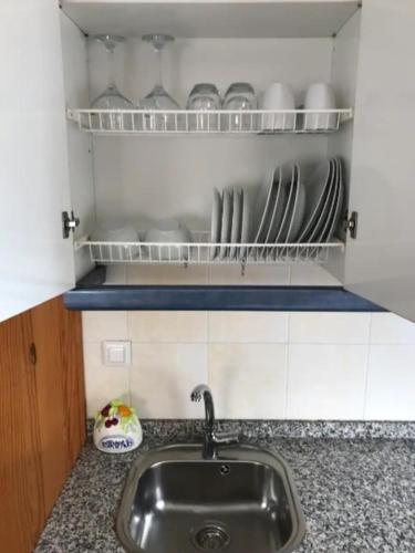 a kitchen with a sink and a shelf with dishes at Apartamentos Real 81 in Estepona